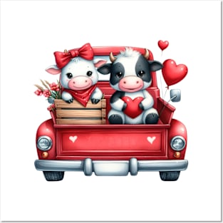 Valentine Cow Couple Sitting On Truck Posters and Art